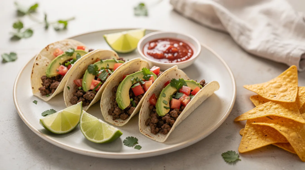 Na jasnym talerzu znajdują się cztery tacos wypełnione mięsem mielonym wołowym, pomidorami, awokado i kolendrą, obok leży limonka. W tle widoczne są liście kolendry oraz ściereczka, a całość podana jest z dodatkową salsą i chipsami tortilla.