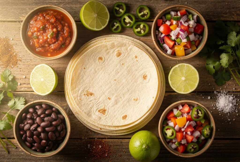 Na stole rozłożone są składniki do tacos, w tym tortille, miseczki z salsą, fasolą, pokrojonymi warzywami i limonkami, które mogą być użyte do przygotowania pysznego meksykańskiego dania. Obok znajdują się również przyprawy i dodatki, które wzbogacą smak tacos.