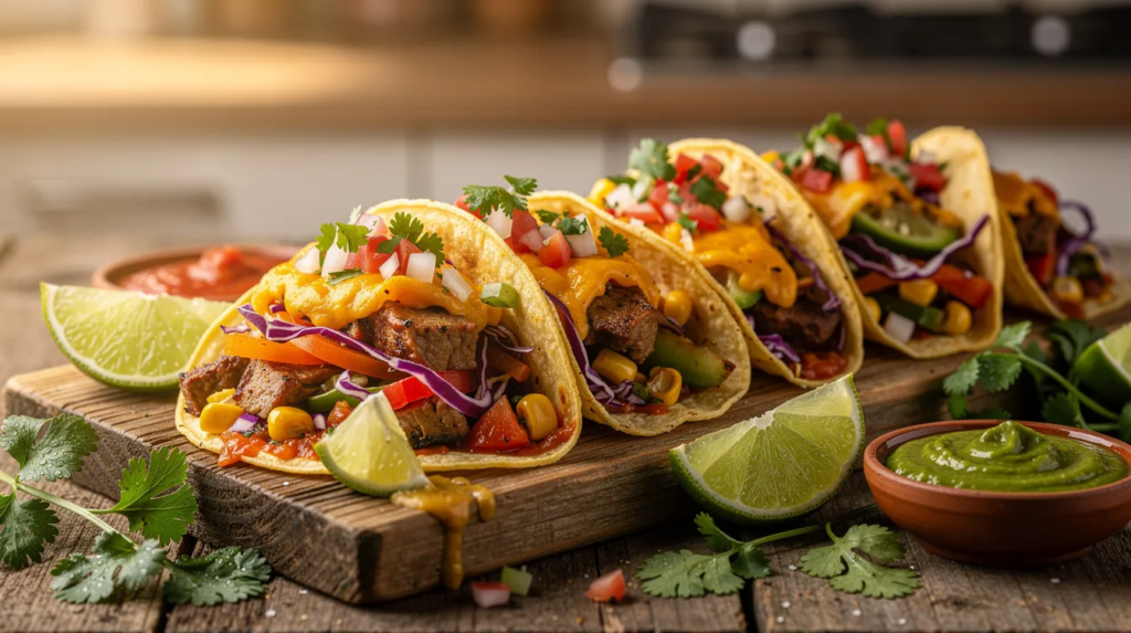 Na drewnianej desce znajdują się kolorowe tacos wypełnione różnorodnymi składnikami, takimi jak mięso mielone, awokado i świeża kolendra, obok leżą plasterki limonki i miseczki z salsą. Całość prezentuje się apetycznie, zachęcając do skosztowania meksykańskich smaków.