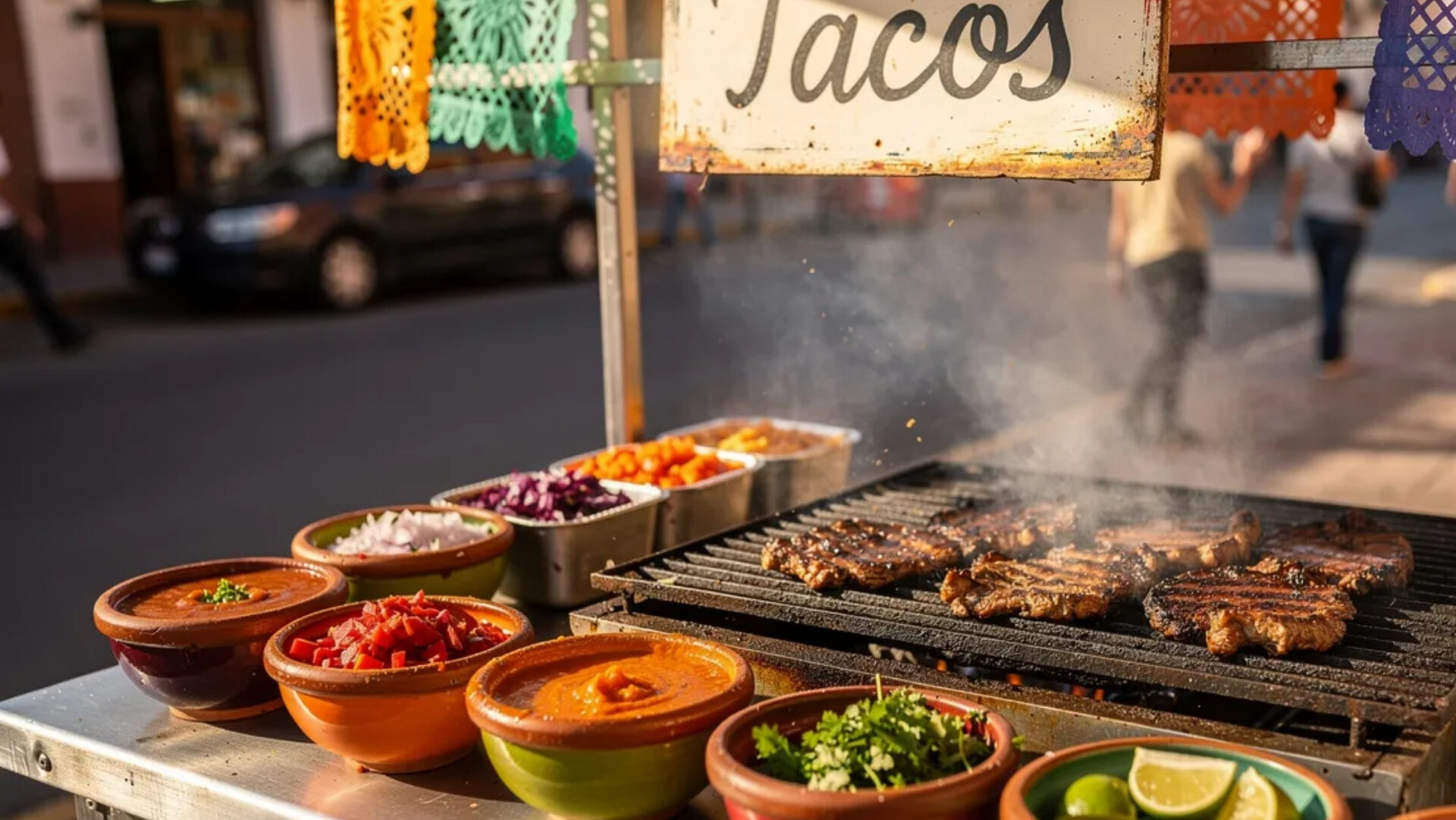 Na ulicznym straganie w Meksyku znajdują się kolorowe miseczki z salsą oraz grillowane mięso, które jest idealnym farszem do tacos. W tle widać tortille, awokado i świeże składniki, które zachęcają do spróbowania wyjątkowych smaków tego popularnego dania.